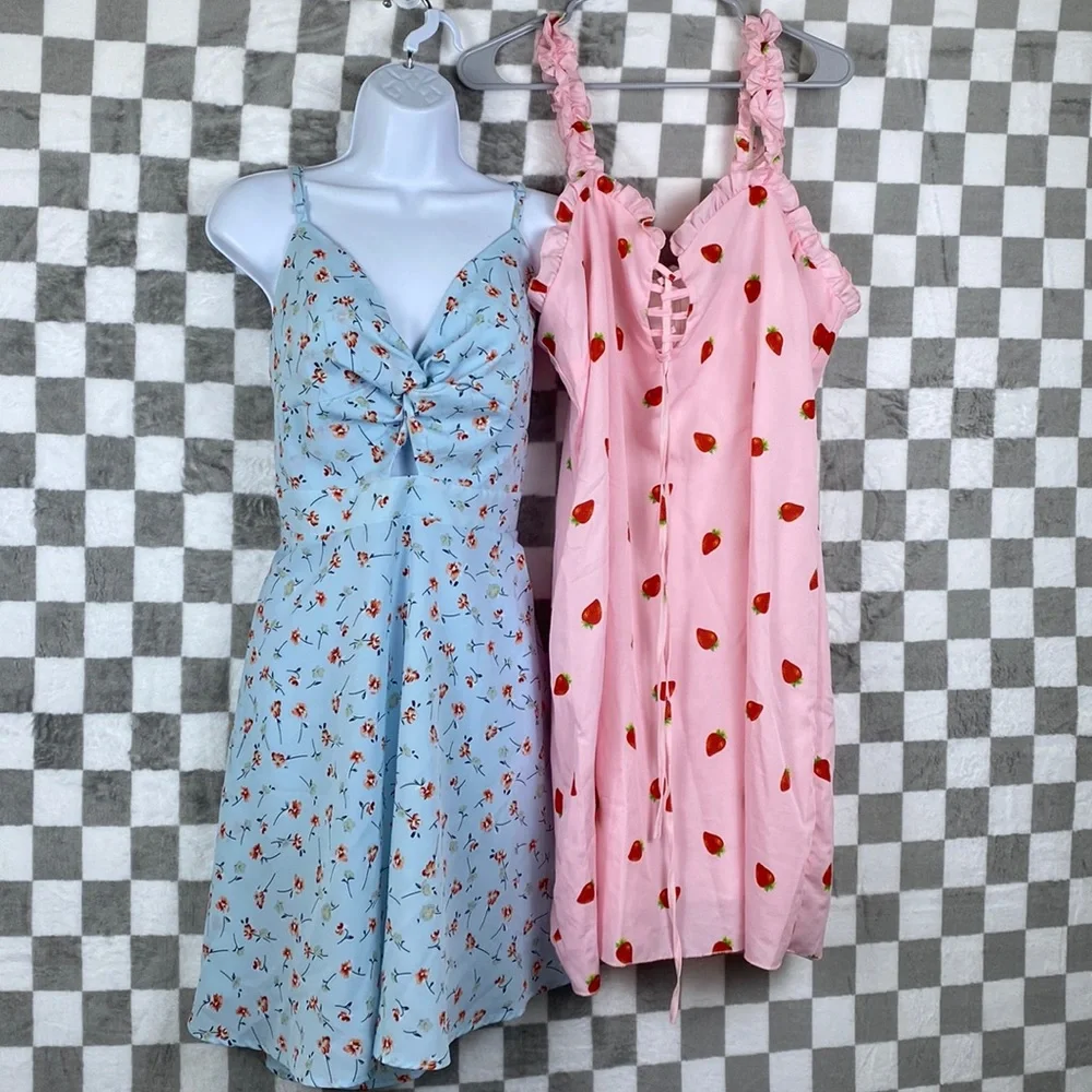 Baby Girl dresses pink strawberry blue floral with cute back tie 1xl 2xl Curve - Picture 1 of 10